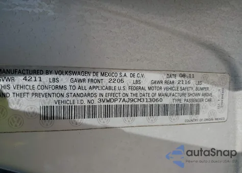 2012 Volkswagen Jetta 2.5L Se из США, поврежденный, VIN 3VWDP7AJ9CM313060